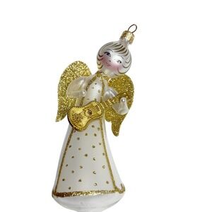 Vintage Frosted Glass Angel Guitar Ornament Gold Wings Mid Century Christmas 50s